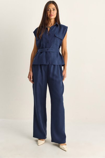 Women's Navy Blue Padded Belt Detailed Pocketed Vest with Elastic Waist and Pocketed Modal Suit 7502 60286137