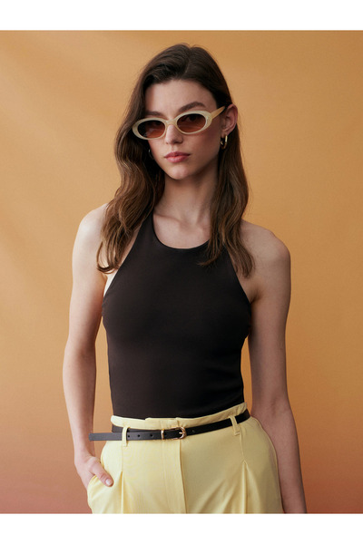 21051 Halter Neck Strap Top-Dark Brown
