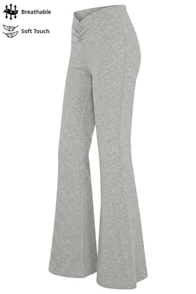 Gray Melange Viscose High Waist Gathered Front Spanish Flare Women's Trousers Flared