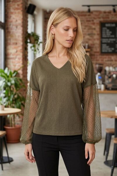Women's Khaki V-Neck Bat Sleeve Patterned Blouse Arm-26Y001065