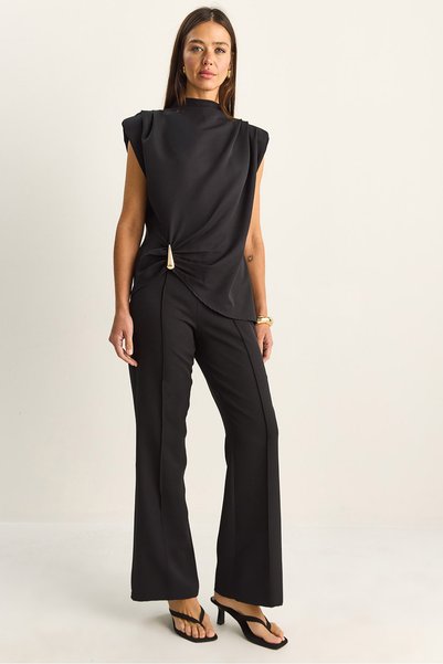 Women's Black Accessory Detailed Padded Blouse High Waist Ribbed Trousers Set 60627 60286092