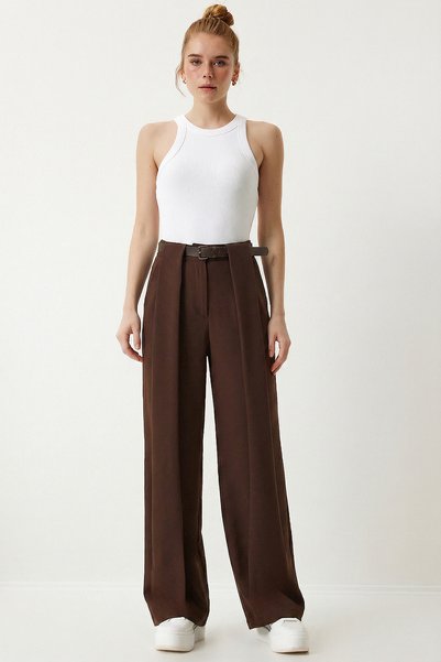 Belted Pleated Woven Palazzo Trousers Lzv0066 Brown