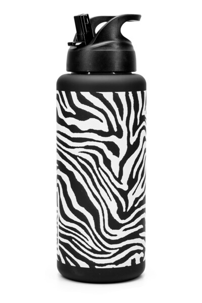 Големо шише за вода Tritan со цевка, спортско шише за вода Zebra, шише за вода без BPA 1000 mL црно 0112