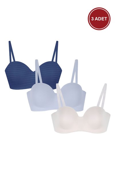 Multi-Colored 3-Piece Cotton Micro-Coated Strapless Bra