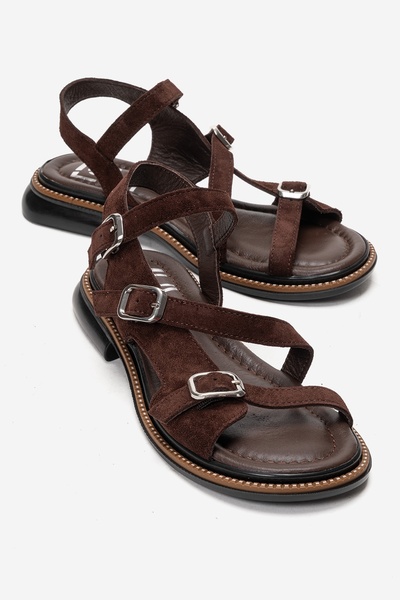 MOREZ Brown Suede Genuine Leather Women's Sandals