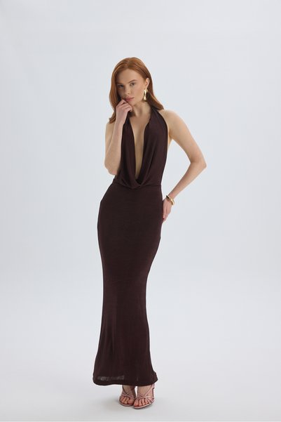 Fahmin Degaje Collar Brown Long Dress