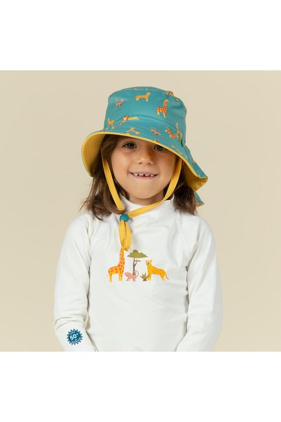 Baby Uv Protection Reversible Hat - Yellow/Blue - Tropical Pattern