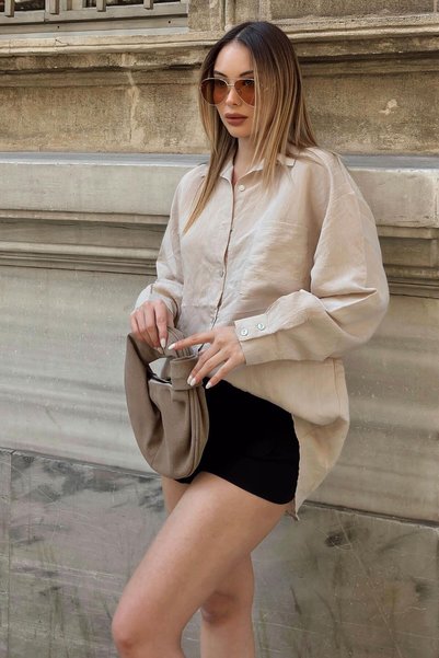 Beige Striped A-Pleated Single Pocket Relaxed Fit Women's Shirt