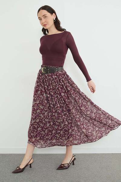 Floral Patterned Maxi Length Chiffon Skirt with Belt