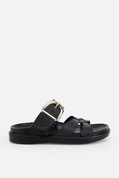 Women's Black Buckled Cross-Strapped Thick Sole Slipper