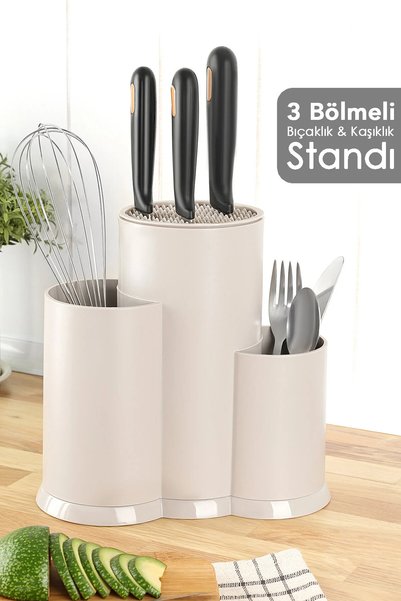 Countertop Knife Holder with Compartments - Spoon Ladle Knife Stand Kitchen Organizer Beige