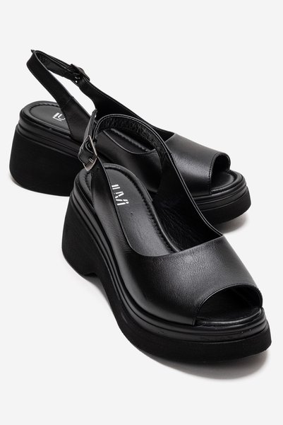 Laure Black Genuine Leather Women's Wedge Sandals