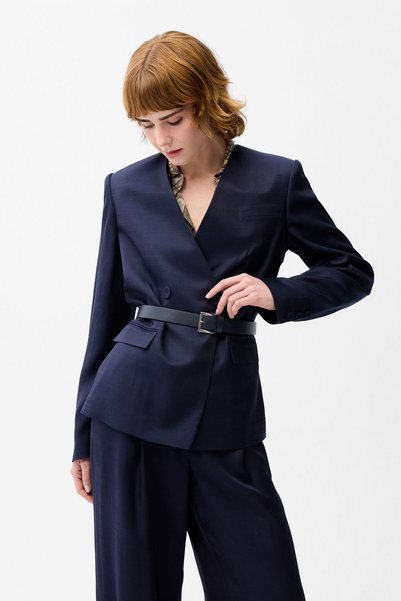 Navy Blue Belted Detailed Jacket