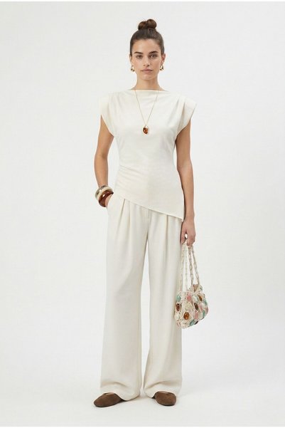 Women's Elvis Modal Touch Padded Asymmetrical Blouse with Elastic Waist Cream Bottom Top Set