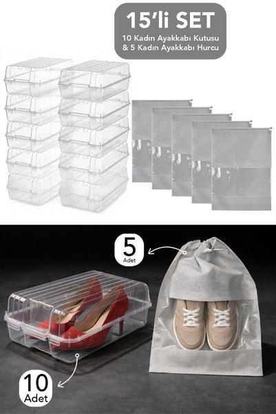 Set of 15 - 10 Women's Shoe Boxes and 5 Shoe Storage Bags Organizer