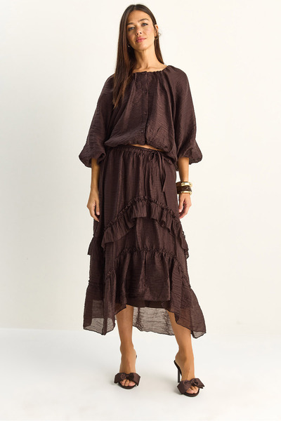 Women's Coffee Waist Elasticized Boat Neck Blouse Asymmetrical Fold Detail Maxi Skirt Lined Suit 7646 60286142