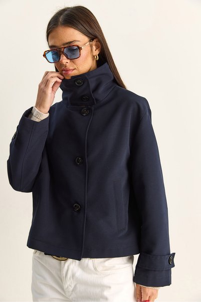 Women's Navy Blue Stand-Up Collar Lined Pocket Detailed Short Trench Coat 2081 60283980