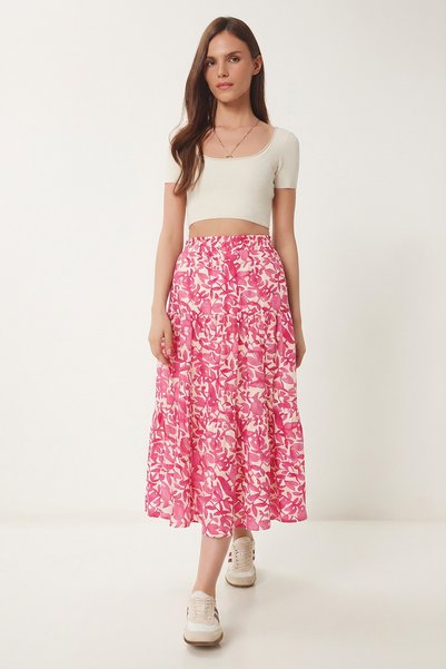 Patterned Summer Long Viscose Skirt Lrn0034 Pink Bone