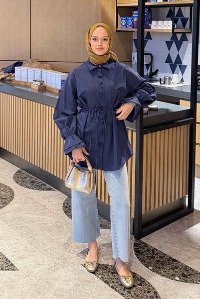 Ruffled Tie Detail Shirt Navy Blue