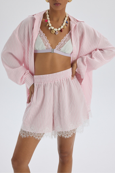 Sivota Lace Detail Striped Pink Shirt Shorts Set