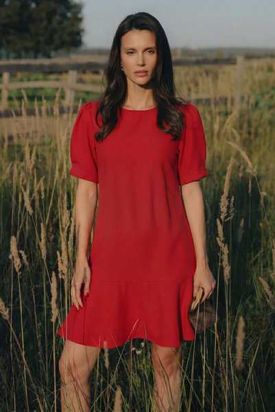 Women's Red Zero Collar Skirt Flounce Short Sleeve Zipper Dress Arm-26Y001057