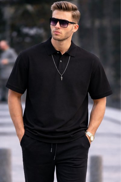 Men's Basic Relax Black Polo Neck T-Shirt