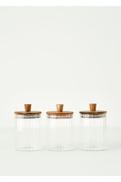 Beatrice Set of 3 Jars with Wooden Lid Natural (580 Cc)