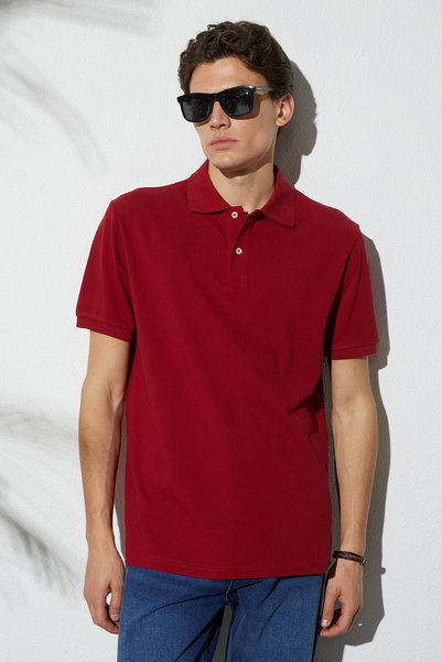 Men's Slim Fit Slim Cut Cotton Soft Texture Fabric Non-Curling Collar Claret Red Polo Collar T-Shirt