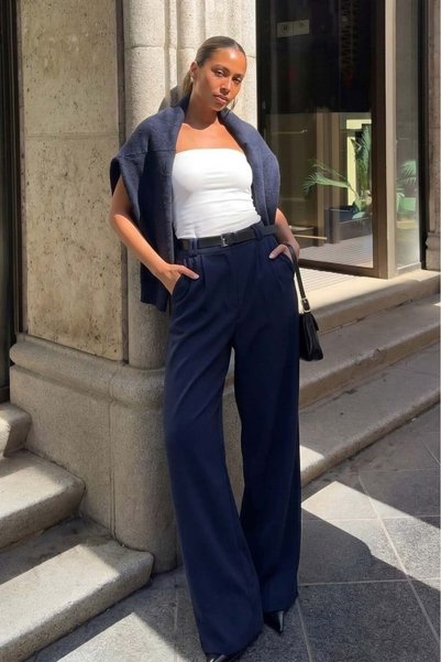 Navy Blue Double Pleated Belted Trousers Mg2330