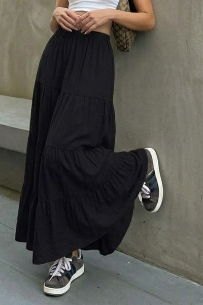 Women's Elastic Layered Black Long Flared Skirt