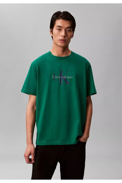 Men's Regular Fit Round Neck Ck Logo Printed Cotton Short Sleeve Green T-Shirt