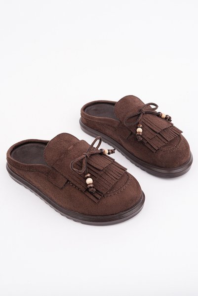 Fri̇nge Suede Leather Bow Detailed Casual Comfortable Closed-Front Women's Tassel Loafer Slippers