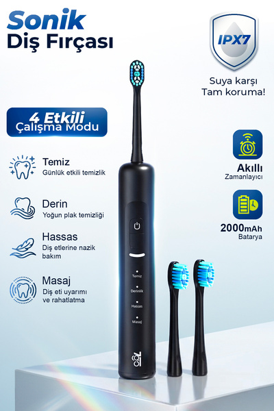 7GMF2 сонична електрична четка за заби црна – 2000mAh, Type-C полнење, IPX7 водоотпорна, 3 режими