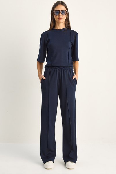Women's Navy Blue Soft Touch Ribbed Half Sleeve T-Shirt Elasticized Wide Leg Pants Set 18000 60286181