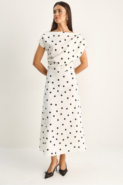 Women's Ecru Black Boat Neck Drape Detailed Polka Dot Midi Dress 8708 60286184