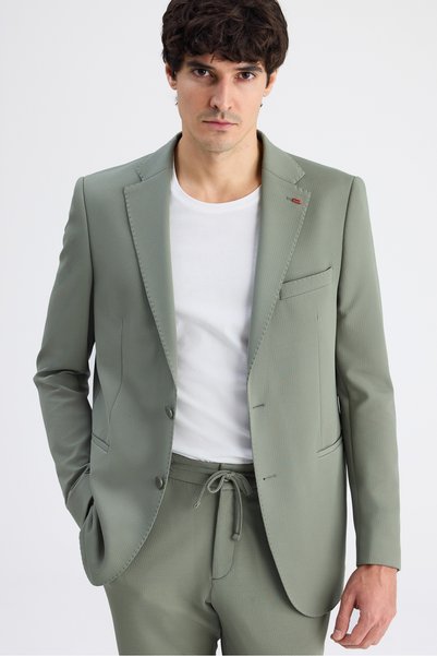 Slim Fit Khaki Dobby Fabric Jacket