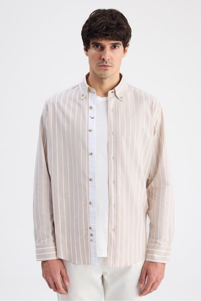 Ds Damat Comfort Beige Striped Shirt
