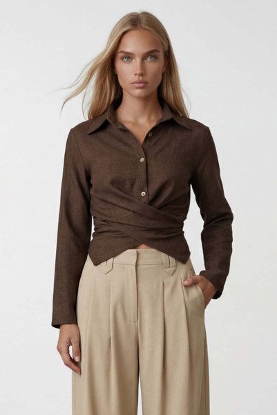 Women's bitter brown cross-tie detail sofia linen shirt alc-x15471