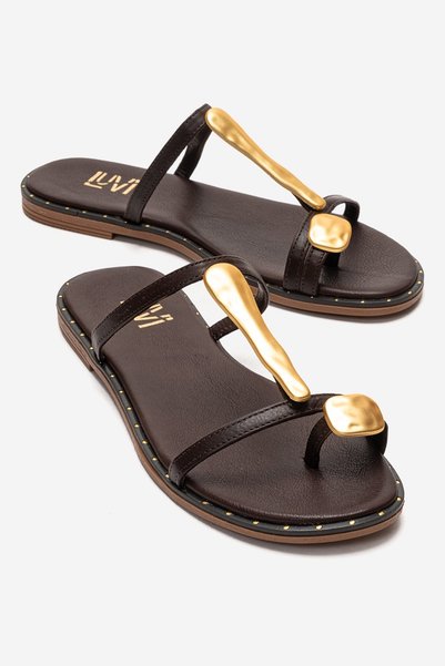 Tessa Brown Genuine Leather Women's Flip Flops with Gold Buckle