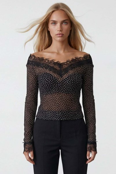 Black Polka Dot Front and Back V-Neck Cashmere Textured Transparent Lace Detailed Blouse Alc-X15268
