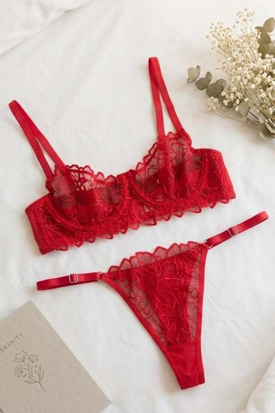 Lace Bralet Bra Set Red
