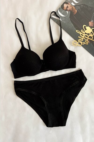 Combed Cotton Unpadded Bra Set Black