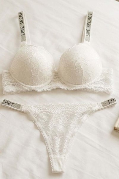 Lace Stone-Embellished Supportive Bra Set White