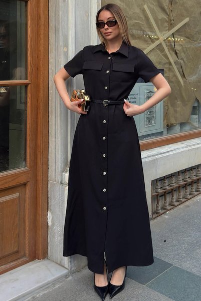 Black Half Sleeve Polo Collar Buttoned Belted Women's Dress