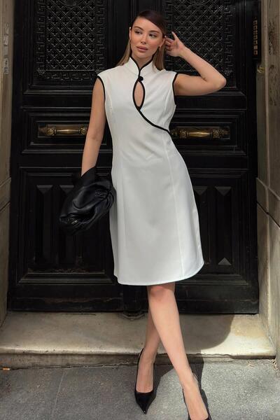 White Zero-Sleeve Chest-Cut Low-Cut Collar Piping Detail Women's Mini Dress