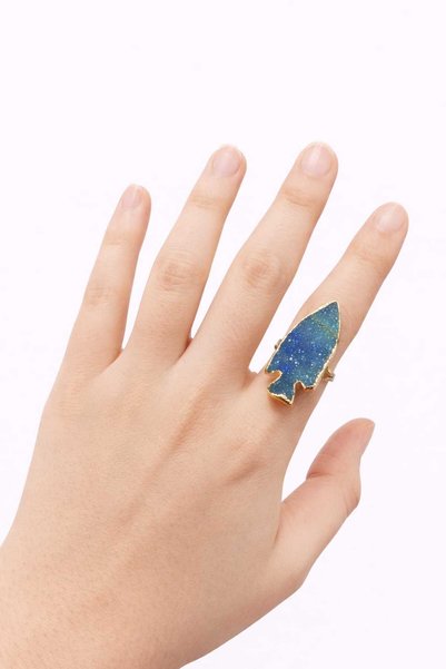 Blue druzy quartz 14k gold plated fish figured brass ring
