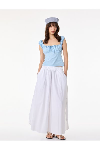 Cotton Pcs Slim Fit Short Balloon Sleeve Tie-Detail Cropped Blouse
