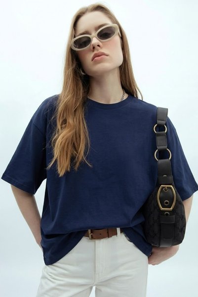 Women's Short Sleeve Cotton Navy Oversize T-Shirt