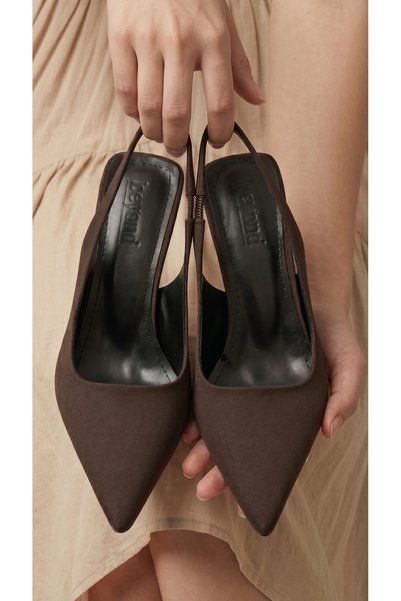 Women's Brown Z.Satin Open Back Rubber Detailed Pointed Toe Evening Dress Shoes 9cm Byndprszar