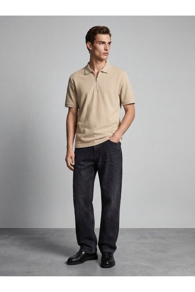 Zippered Pique Polo Neck Beige T-shirt